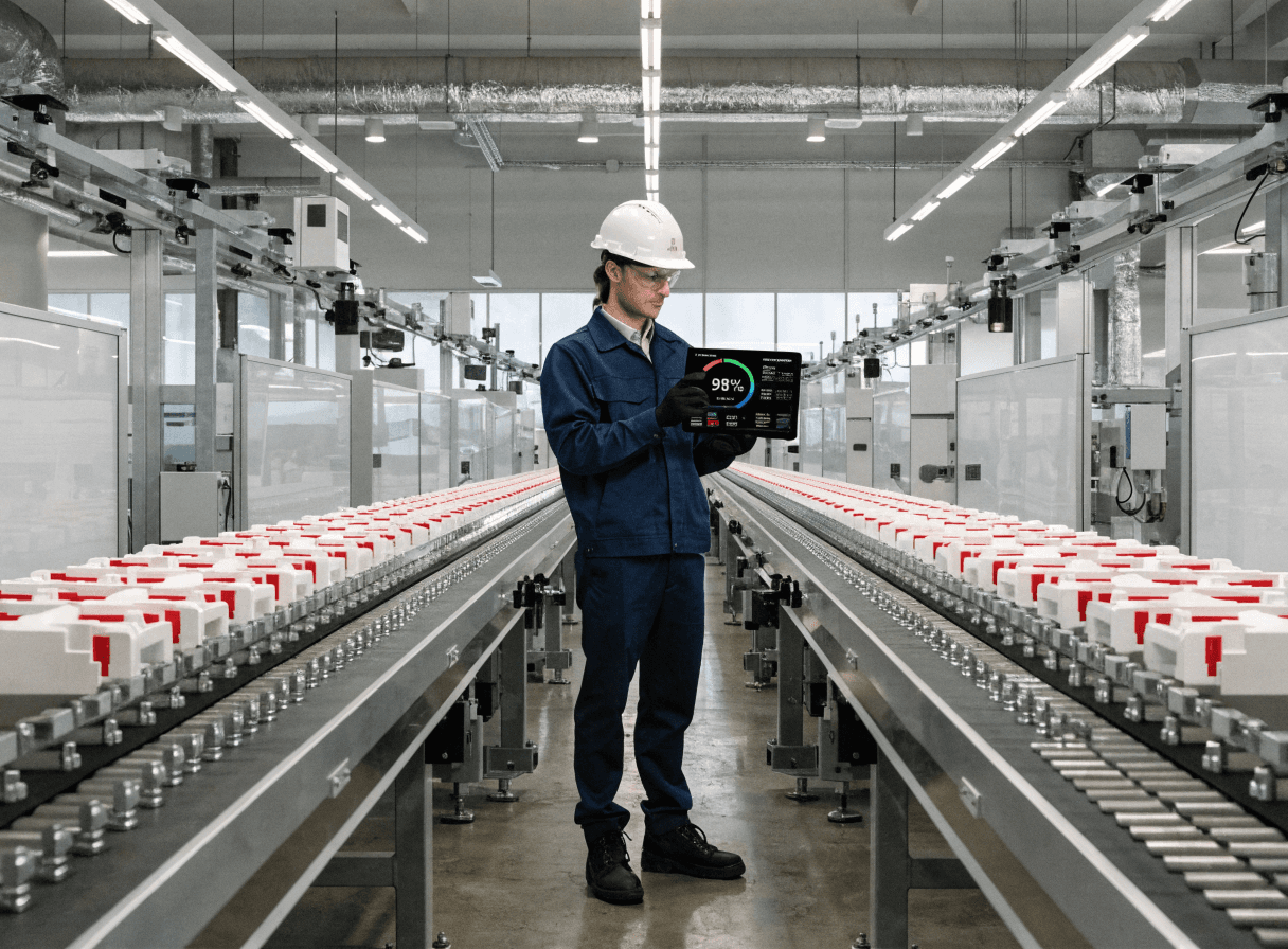 Ligne de production moderne avec un ouvrier consultant une tablette