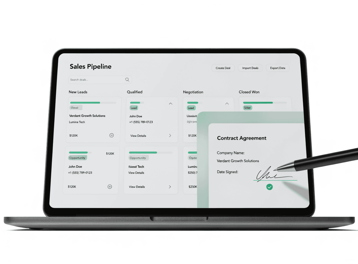 Ordinateur portable affichant un pipeline commercial et une signature électronique de contrat