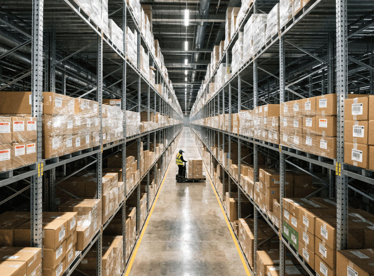 Grande allée d'entrepôt avec étagères remplies de cartons étiquetés